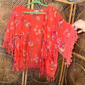 Red/Orange Floral Fringe Kimono